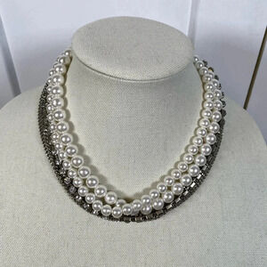 BCBG MaxAzria | Elegant White Faux Pearl & Silver Necklace - multi strand